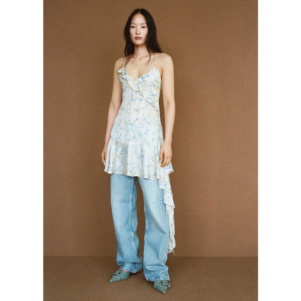 Mango | Butter Yellow Baby Blue Floral Ruffled Slip Mini Dress ~ US 6